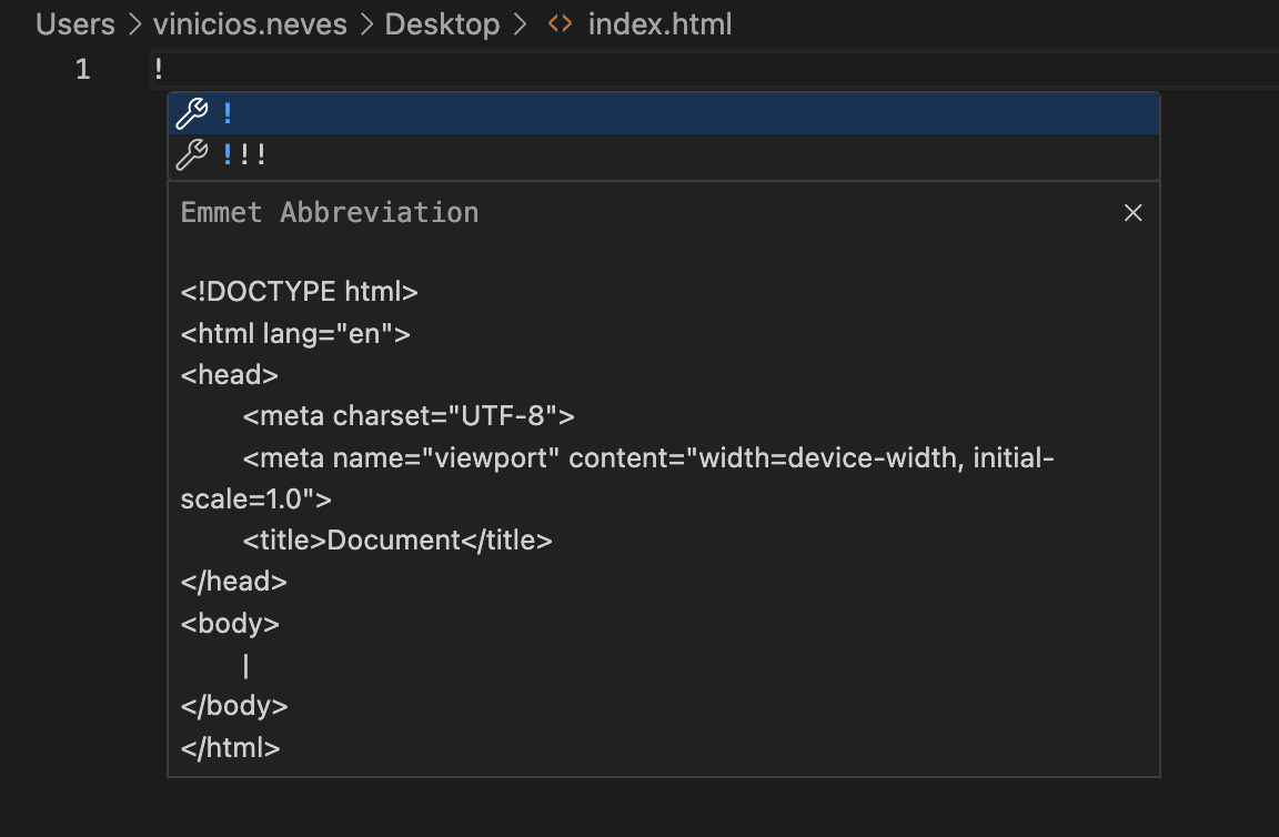 Screenshot de um snippet do Emment para criar a base de um documento HTML.
