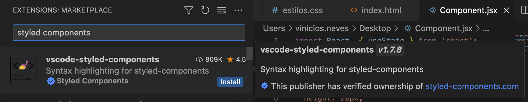 Screenshot da então vscode-styled-components.