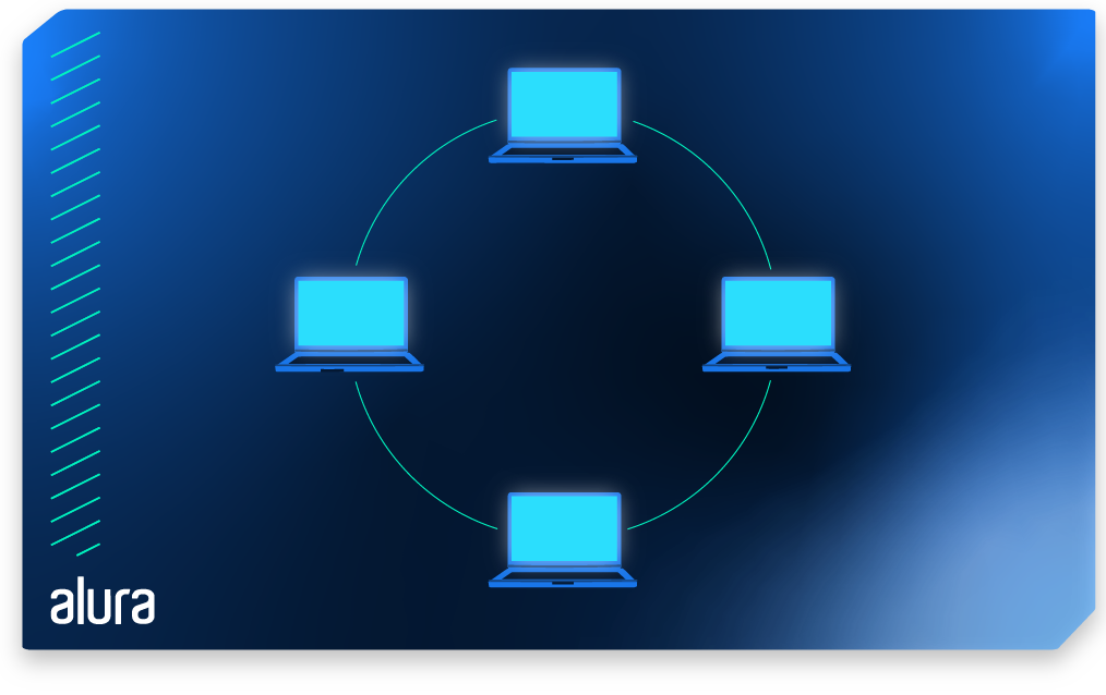 Imagem com quatro computadores conectados em um formato circular através de uma linha.