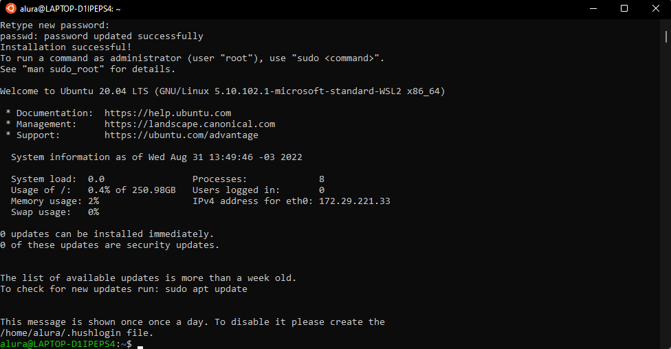 Captura de tela, Terminal do Windows subsystem,onde terminal do Linux está iniciado aguardando aos comandos Linux.