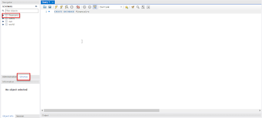 Imagem que mostra a janela “Query” e no canto esquerdo da mesma a opção de selecionar qual Schema estamos trabalhando e na imagem é destacado com um retângulo vermelho o banco “financeiro”  e logo abaixo, nesse mesmo canto esquerdo, há outro painel onde é destacado também com um retângulo vermelho a opção "Schemas".