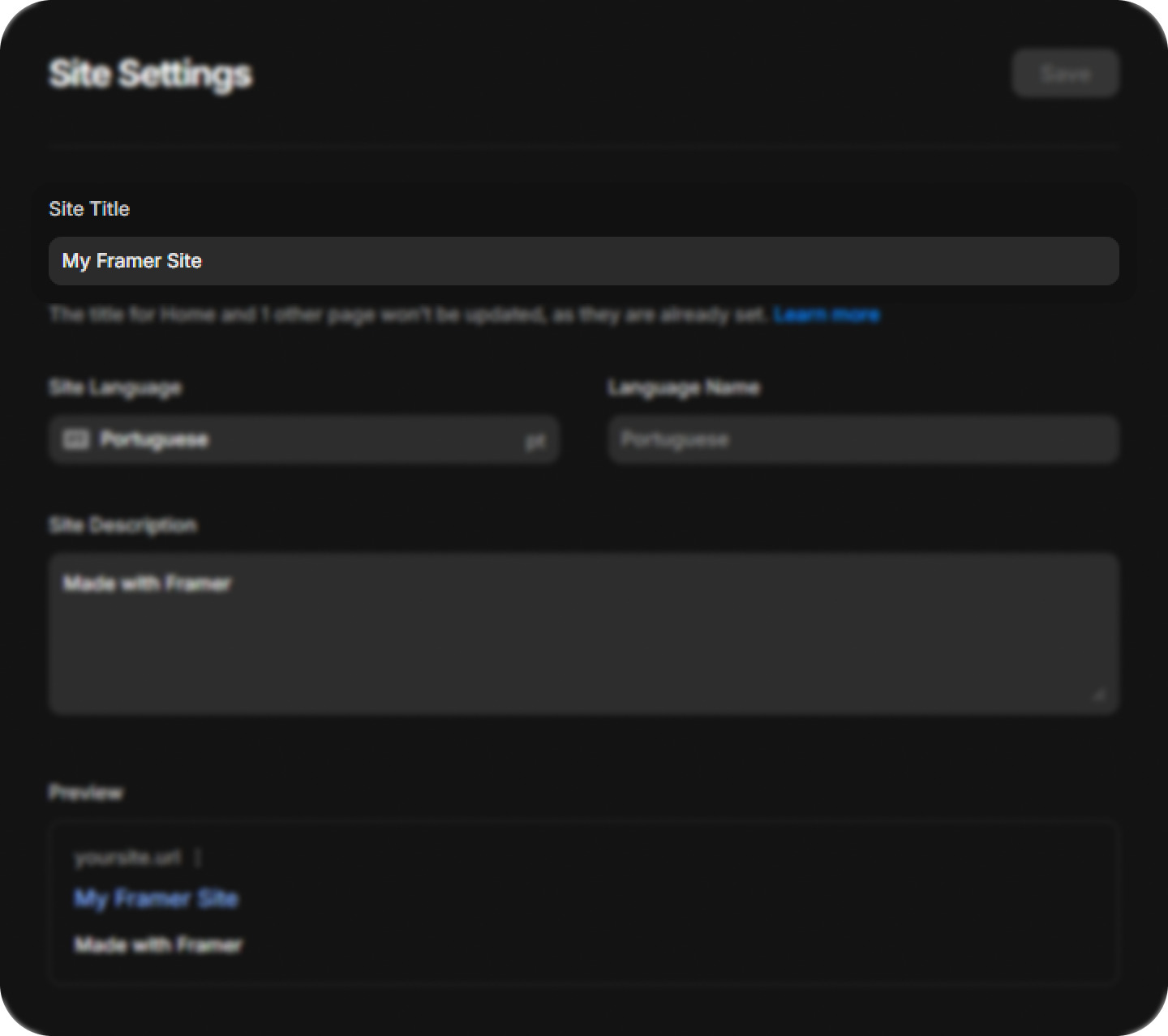 Área de configurações do site. O bloco está com desfoque, com exceção do campo “Site Title”, que está escrito “My Framer Site”.