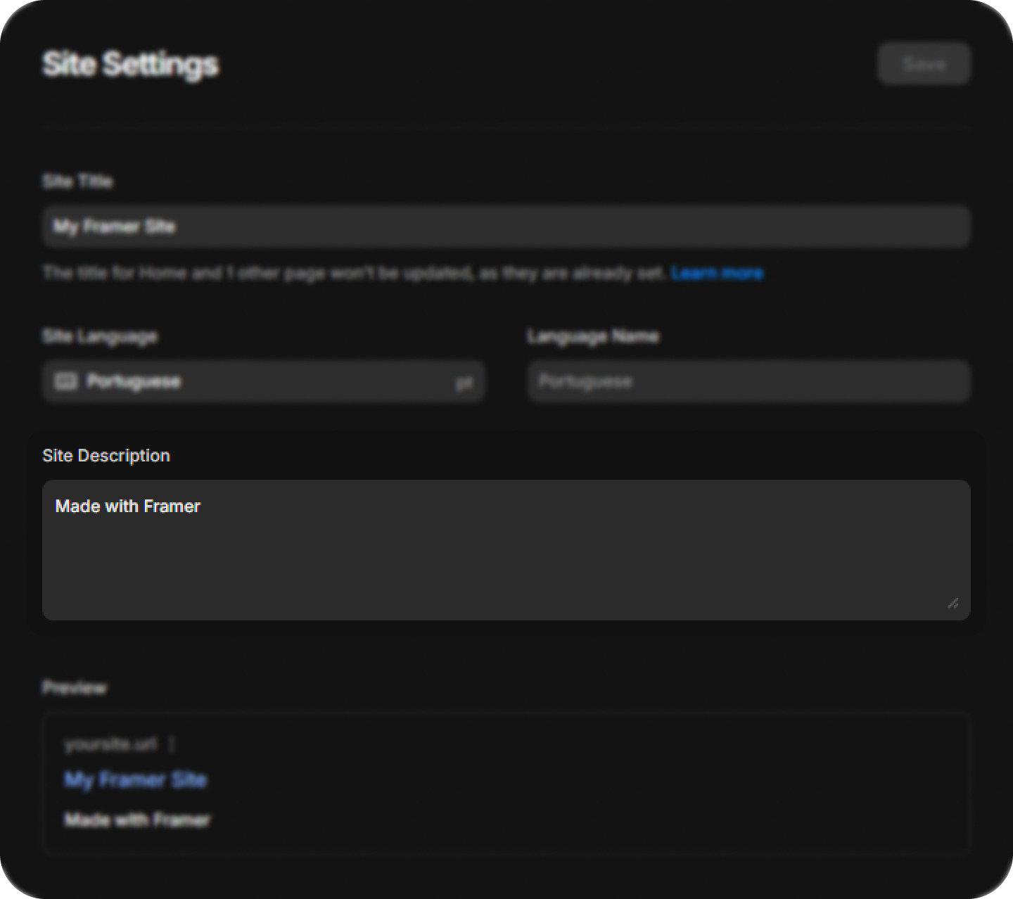 Área de configurações do site. O bloco está com desfoque, com exceção do campo “Site Description”, que está escrito “Made with Framer”.