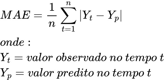 O erro médio absoluto é a somatória dos módulos da subtração do valor observado no tempo t menos o valor observado predito no tempo t dividido pelas n observações.