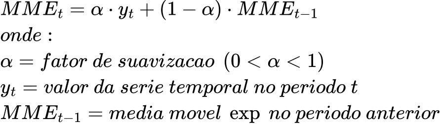 A média móvel exponencial é α (que é o fator de suavização) multiplicado pelo valor da série temporal no período t mais a subtração de 1 menos α, multiplicada pela média móvel exponencial no período anterior.