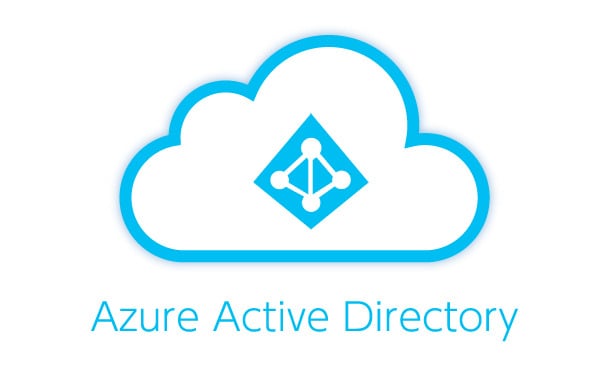 Logotipo do Azure Active Directory dentro de um ícone de nuvem com bordas azuis. No centro da nuvem, há um símbolo de diretório em formato de losango, com círculos conectados por linhas, representando a conectividade dos serviços. Abaixo da imagem, está escrito "Azure Active Directory" em letras azuis claras.