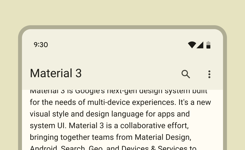 “Barra superior de um aplicativo de smartphone com o título ‘Material 3’, ao lado direito um ícone de lupa e 3 pontos vertical indicando um menu, abaixo temos um texto descrevendo o material 3’”.