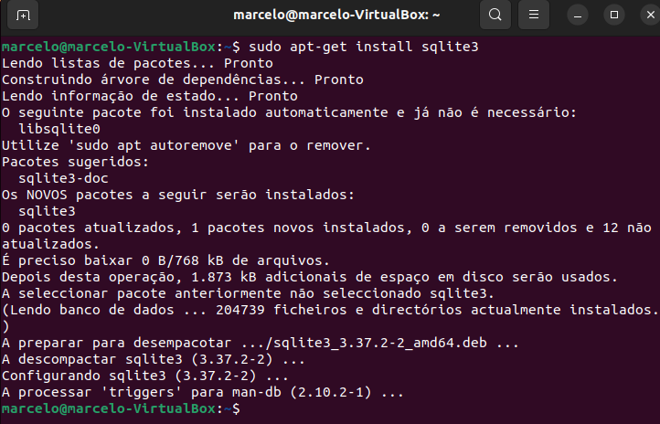 Imagem do terminal do Linux, com fundo de cor vinho. No terminal, estamos executando o comando para instalar o SQLite, seguido das informações sobre os conteúdos baixados do programa para realizar a instalação.