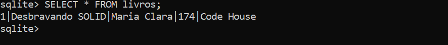 Imagem do prompt de comando do windows, com fundo preto. Na linha de comando, estamos consultando a tabela livros.