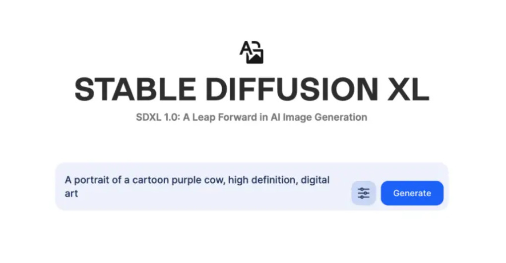 Print da tela do  Clipdrop, que usa o Satable Diffusion para a geração de imagens. Além do título com a versão XL do Stable Diffusion, há uma caixa de texto com a frase “A portrait of a cartoon purple cow, high definition, digital art.” escrita.