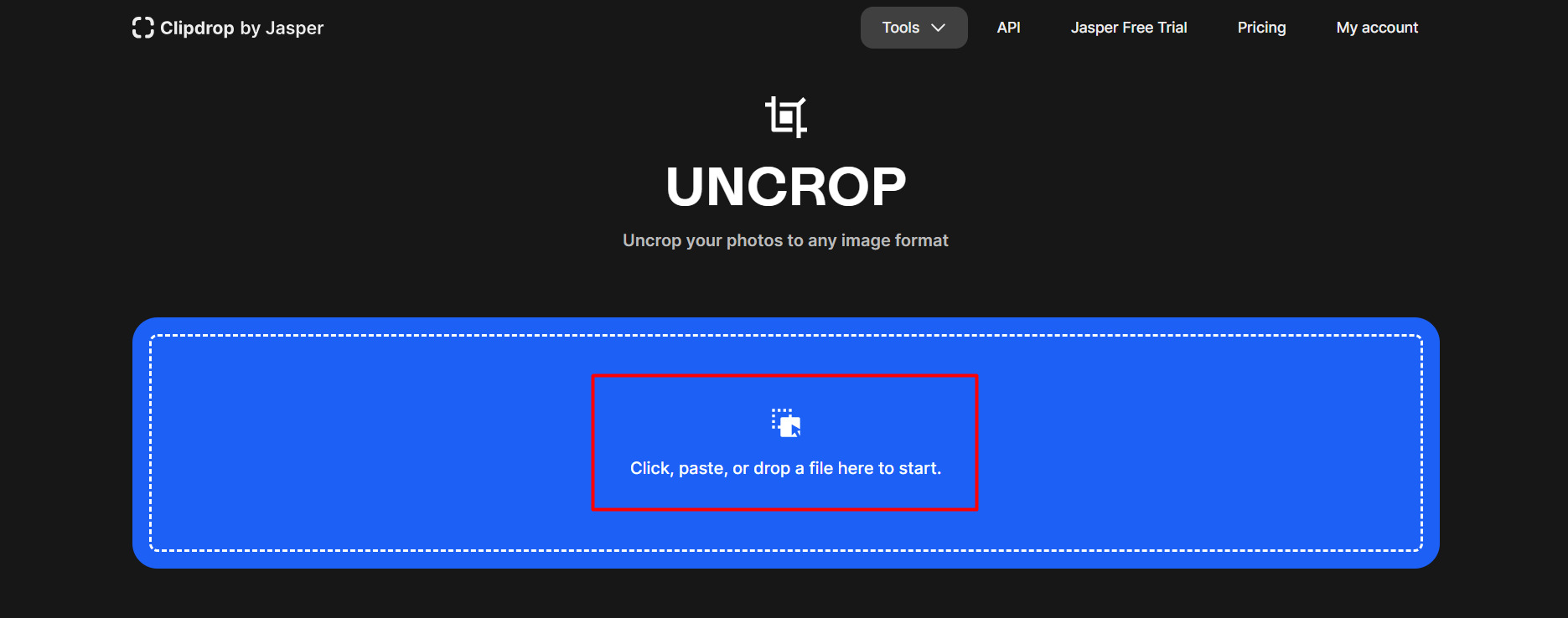 Print da tela inicial da ferramenta Uncrop dentro do site do Clipdropt.