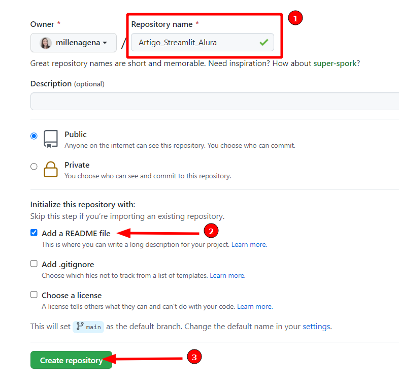 Tela de criação do repositório. A parte Repository name encontra-se destacada por um retângulo vermelho e o número 1. O checkbox Add a README file está destacado por uma seta vermelha e o número 2. A opção Create Repository em verde, encontra-se destacada por uma seta vermelha e o número 3.