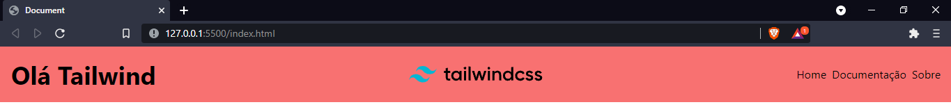 Um cabeçalho de página na web com três elementos alinhados na vertical, um do lado do outro com um espaçamento entre eles. Os elementos são: “Olá Tailwind”, alinhado a esquerda, a logotipo do tailwind centralizada e a palavras home, documentação e sobre, alinhadas a direita