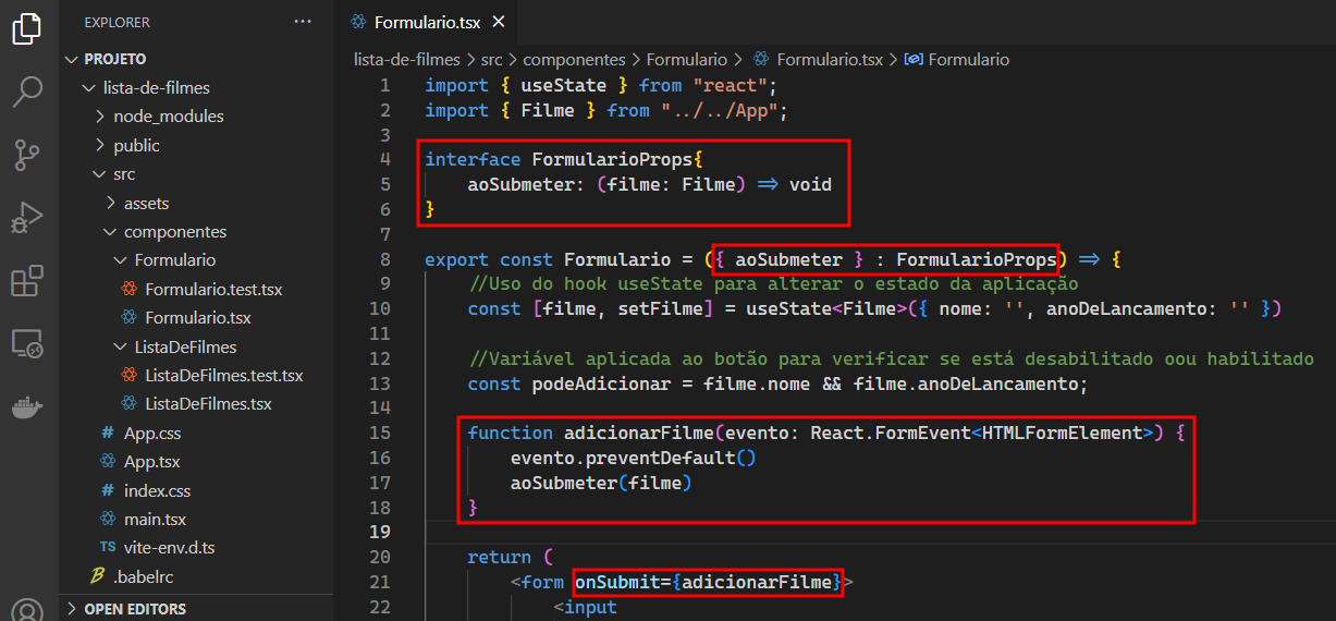 Tela do VS Code. Na lateral esquerda a aba Explorer está aberta com os arquivos e pastas do projeto. No centro o arquivo Formulario.tsx está aberto com os códigos referentes a adição da props em destaque.