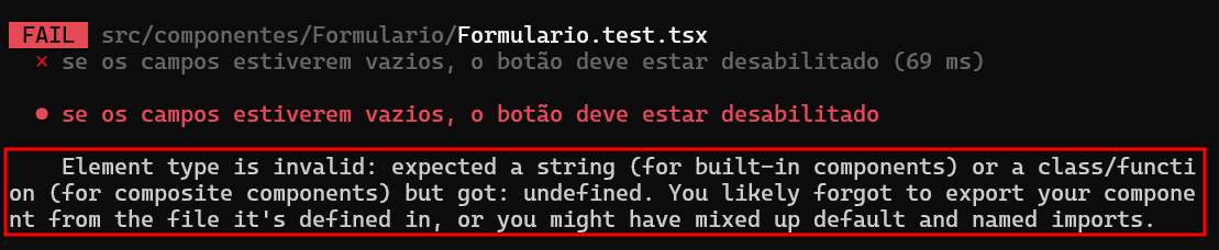 Linha de comando com uma mensagem de erro indicando o motivo pelo fracasso de um teste.