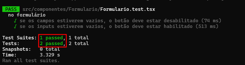 Linha de comando com dois testes no formulário sendo aprovados.