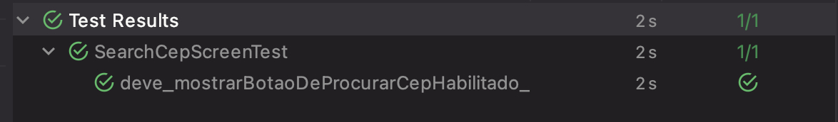 Lista com resultados dos testes, ícones verdes de checagem indicando que o teste passou.