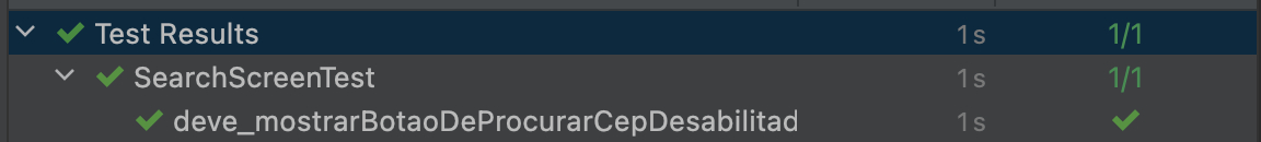 Lista com resultados dos testes, ícones verdes de checagem indicando que o teste passou.