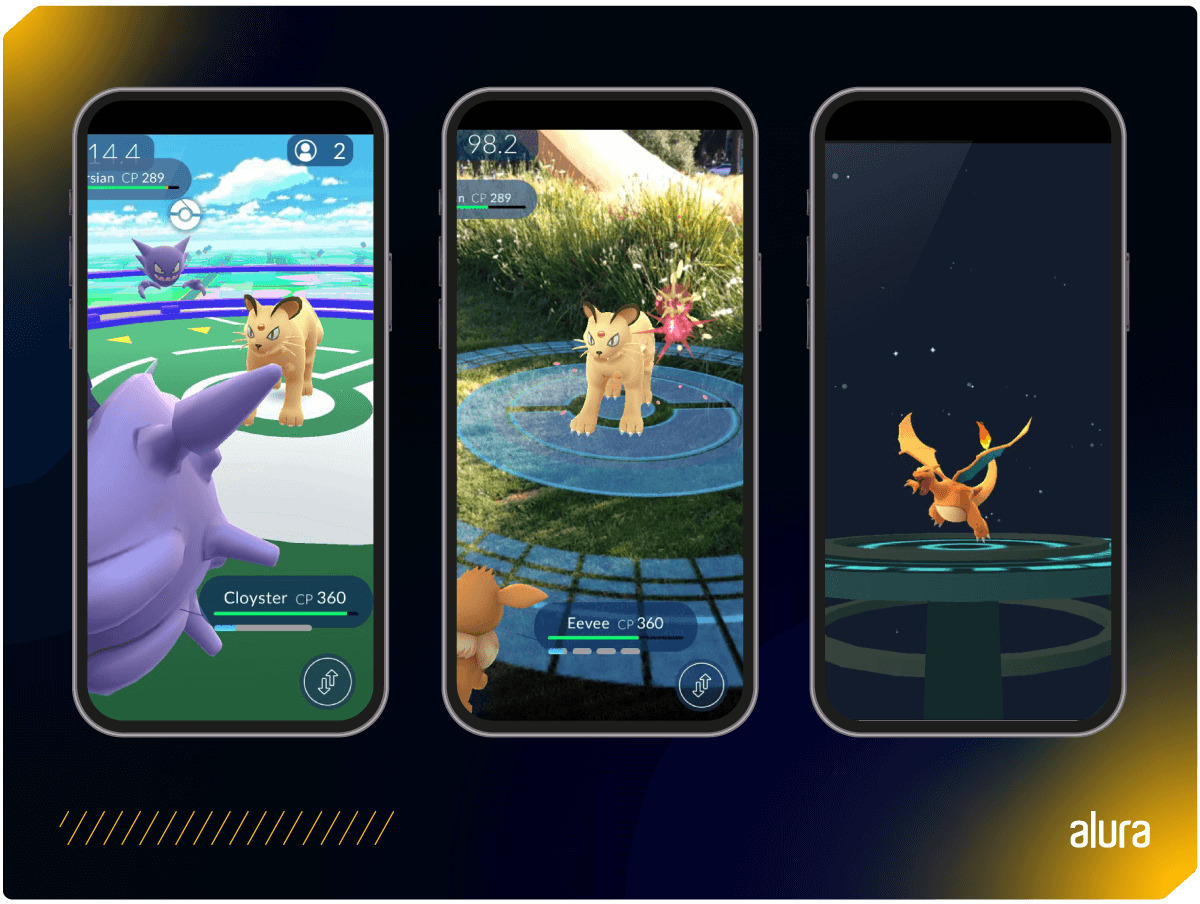 Exibição no aplicativo de jogo do Pokémon Go com diferentes personagens. Aparecem três telas de apps e em cada uma dessas telas, há personagens diferentes do Pokémon.