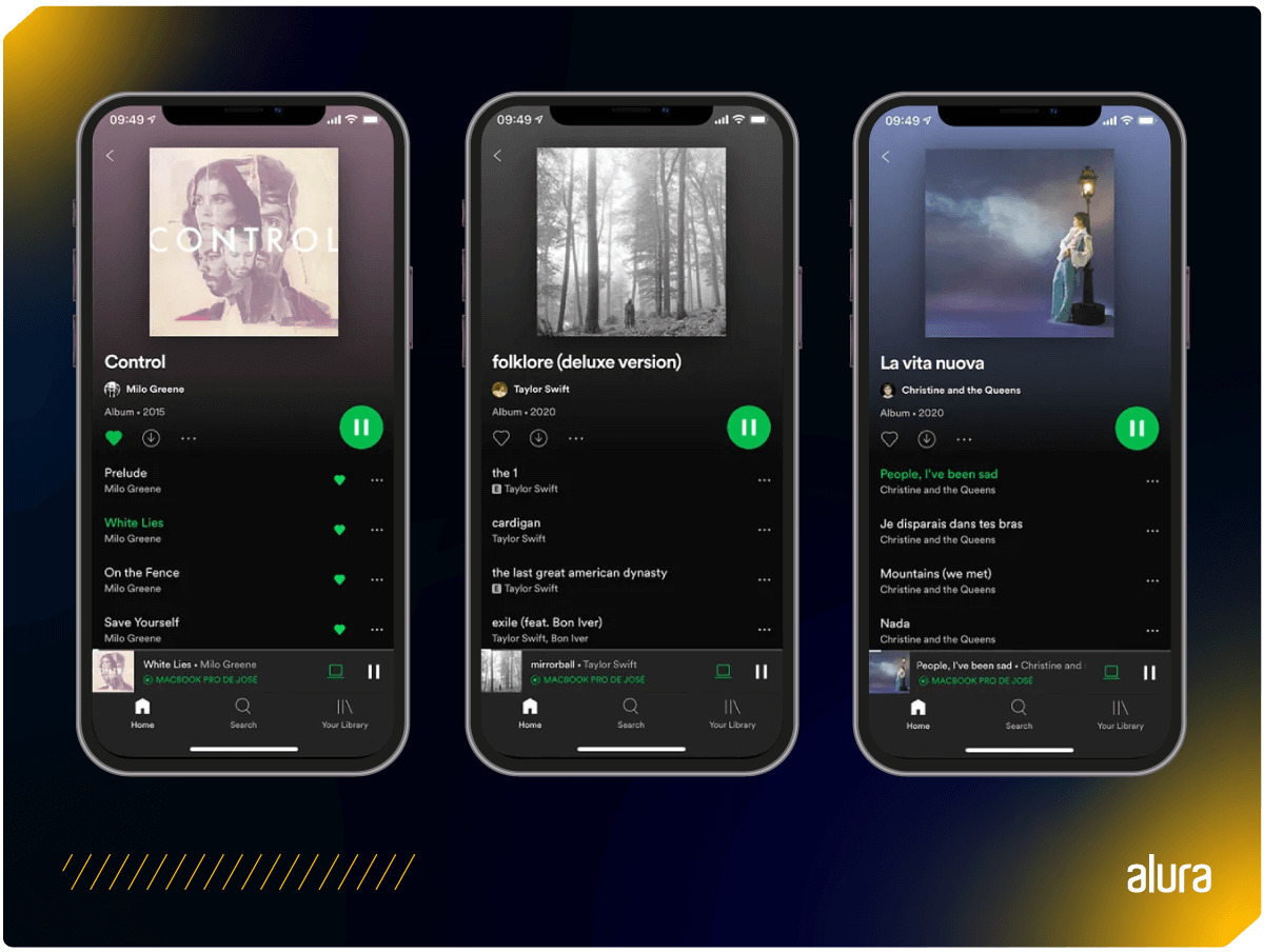 Imagem representando a interface do aplicativo de música Spotify exibindo três álbuns diferentes em reprodução.