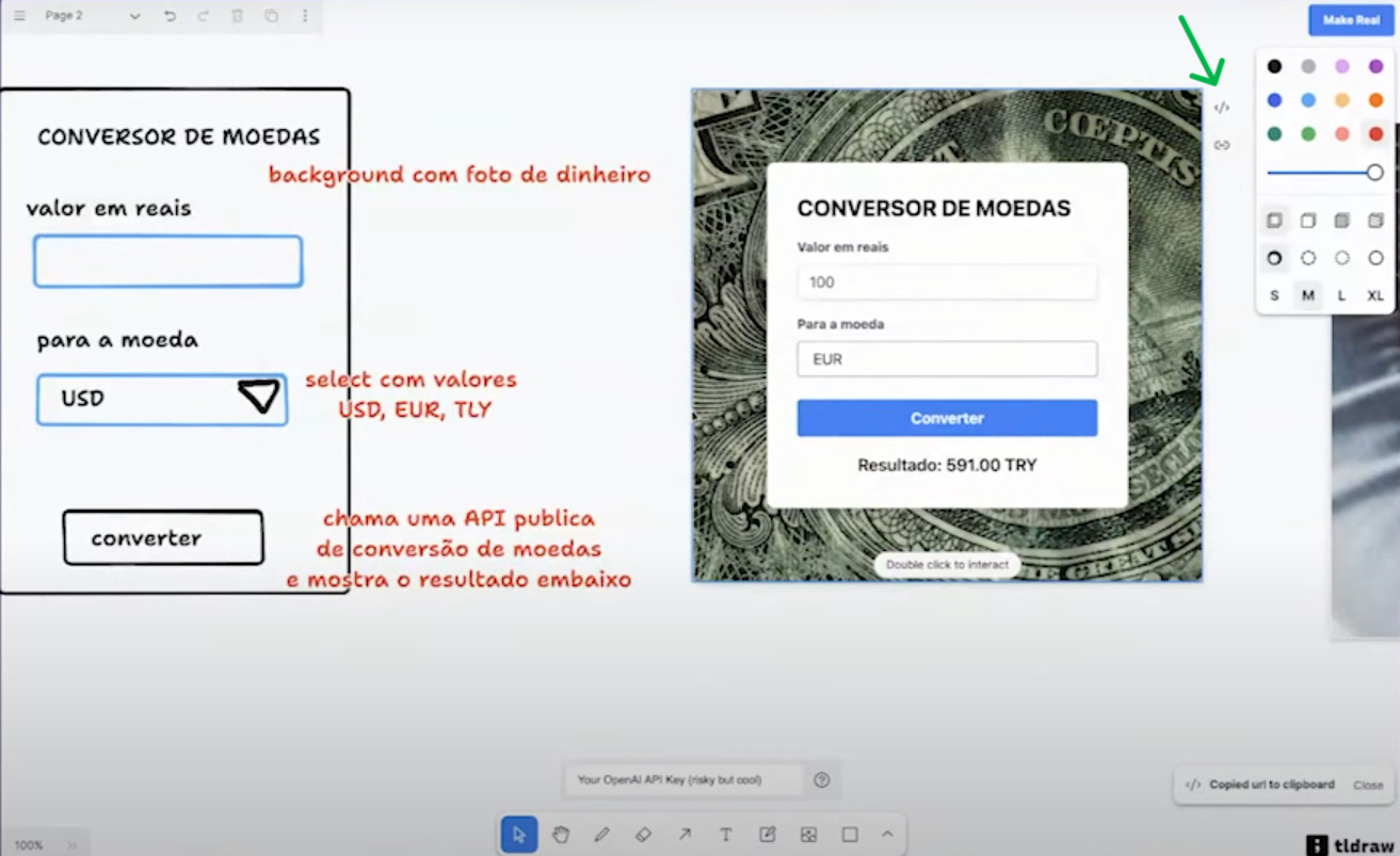 Imagem contendo um print da tela do TLDraw, onde há um desenho da estrutura de um conversor de moedas, com algumas descrições de como o produto irá funcionar.  À direita, há uma captura de tela do conversor de moedas, destacando os elementos principais em uma tela clara.