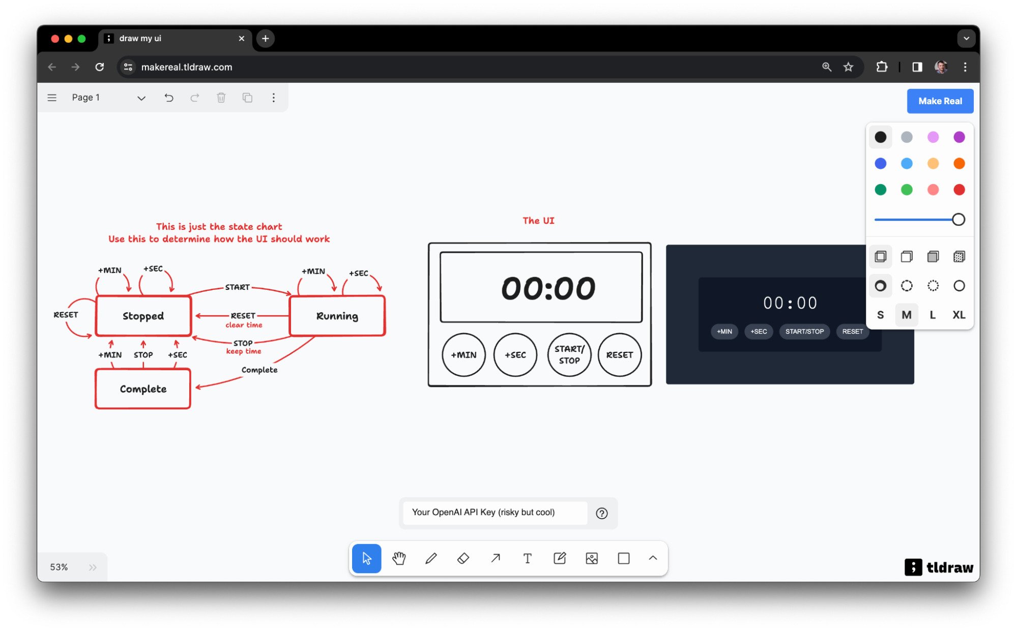 Imagem contendo a tela inicial do TLDraw. Na direita há um fluxo de navegação com informações de como irá funcionar o componente que será gerado e na esquerda está com componente gerado.