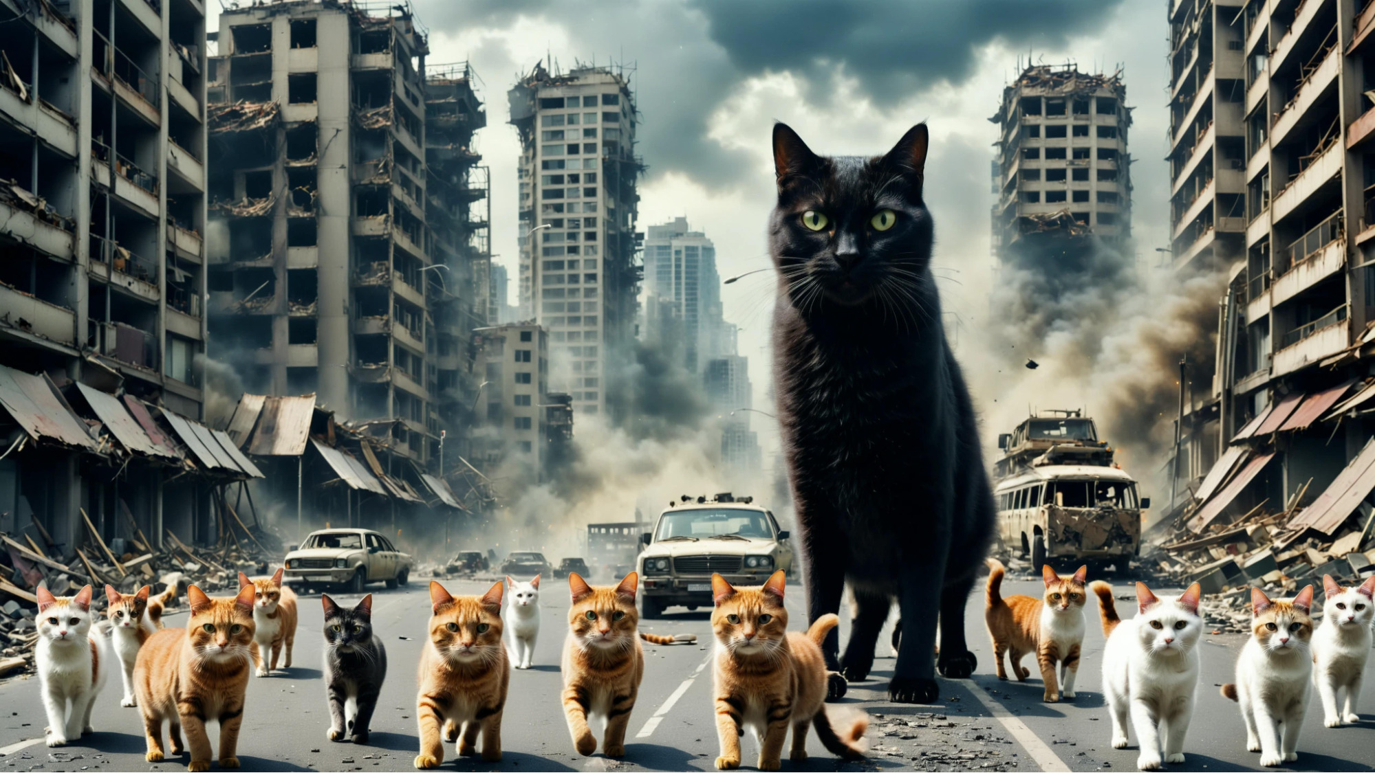 A imagem mostra um cenário pós-apocalíptico com edifícios destruídos e fumaça no ar. Uma grande quantidade de gatos, incluindo um gato preto gigante, anda por uma rua deserta, sugerindo um mundo dominado por felinos.