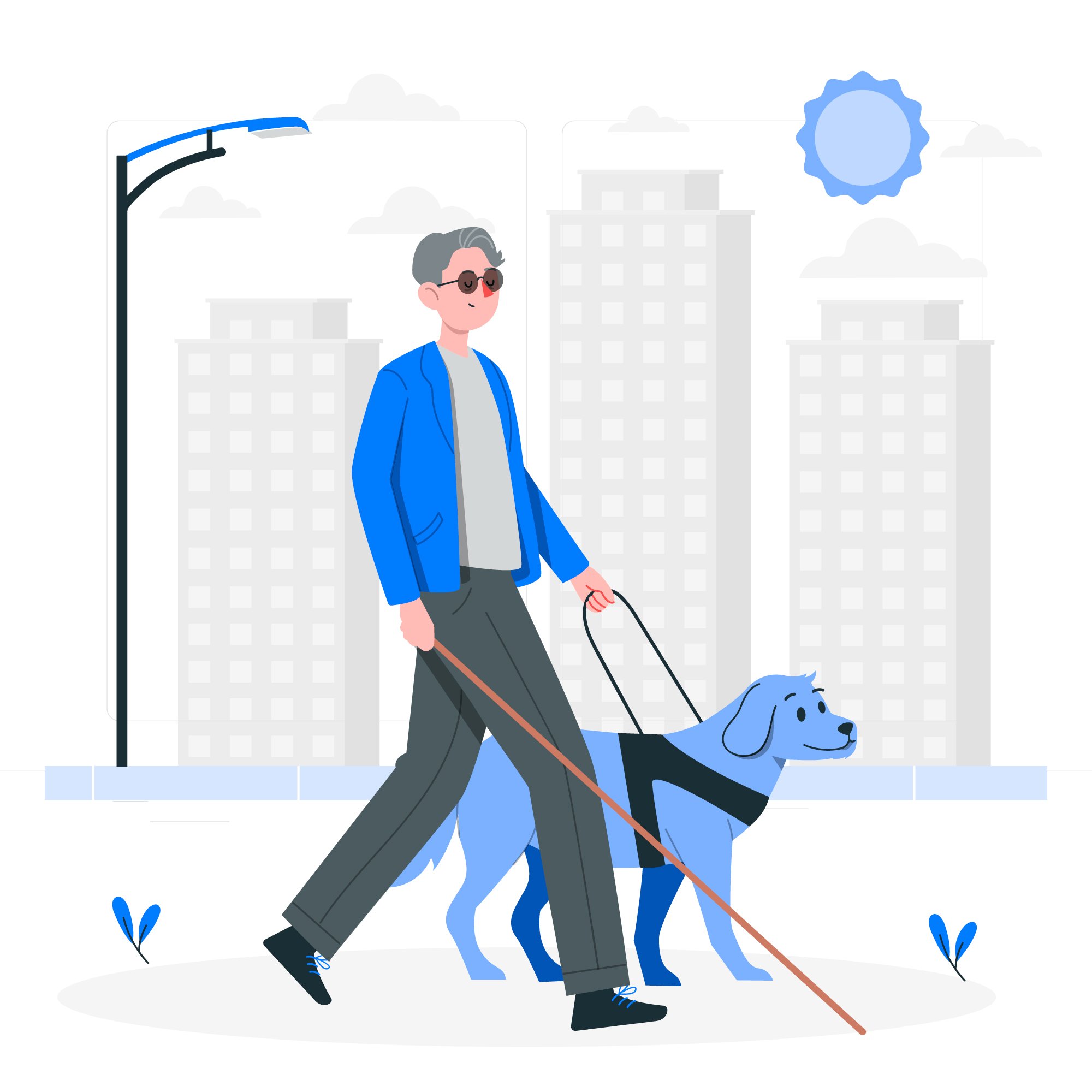 Ilustração de uma pessoa cega caminhando em um ambiente urbano com a assistência de um cão-guia. O indivíduo está segurando uma bengala em uma mão e a guia do cão na outra.