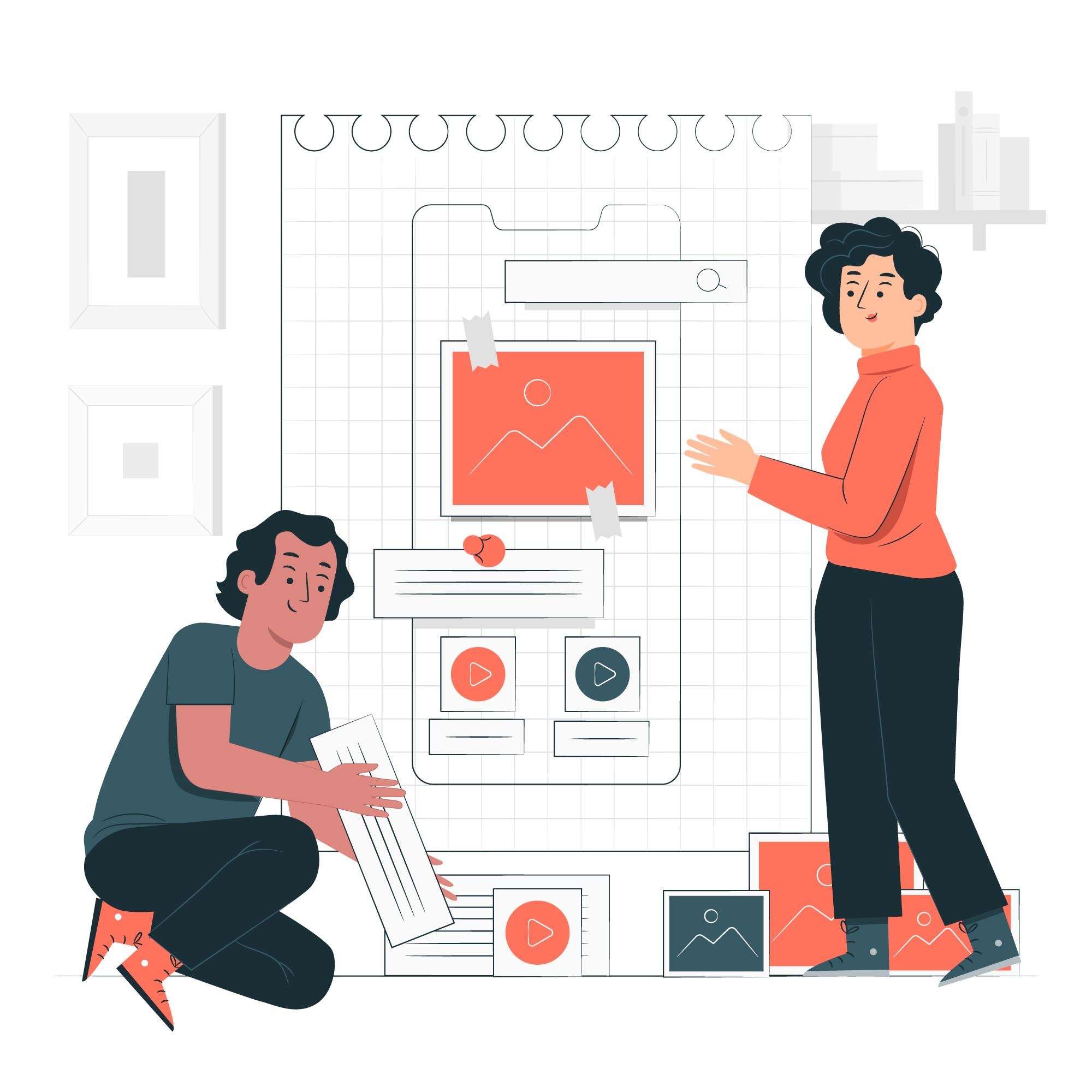 Ilustração de duas pessoas, um homem e uma mulher, construindo um wireframe gigante de uma tela de aplicativo para um smartphone.