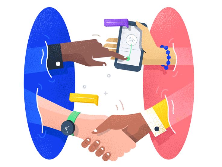 Ilustração de quatro pessoas interagindo: uma mão segurando um smartphone enquanto a outra mão toca a tela, e duas mãos diferentes apertando as mãos, simbolizando conexão e colaboração.