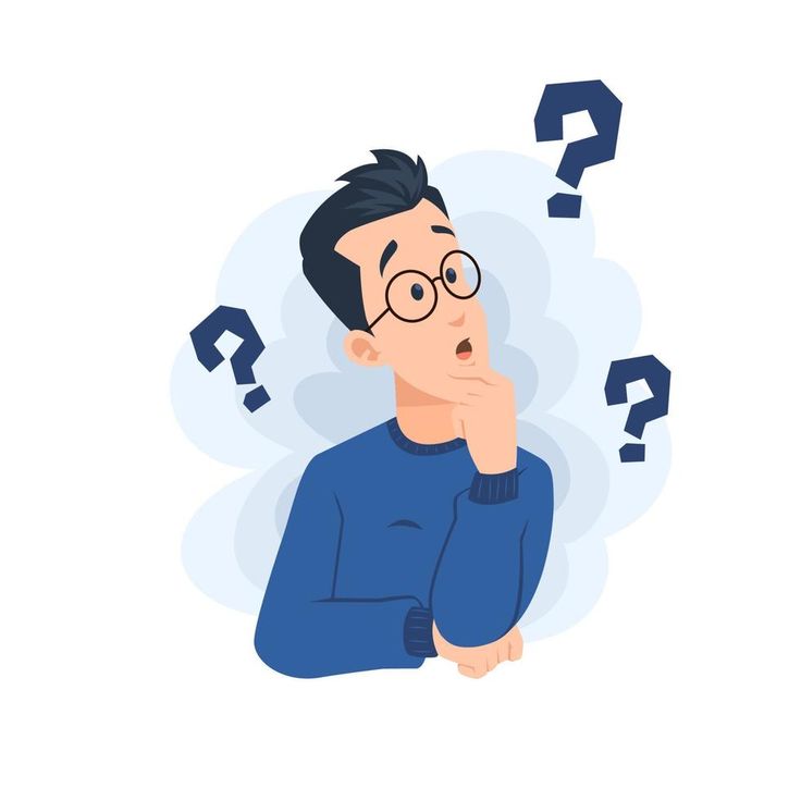 Ilustração de um homem de óculos pensando e com três interrogações ao redor da sua cabeça.