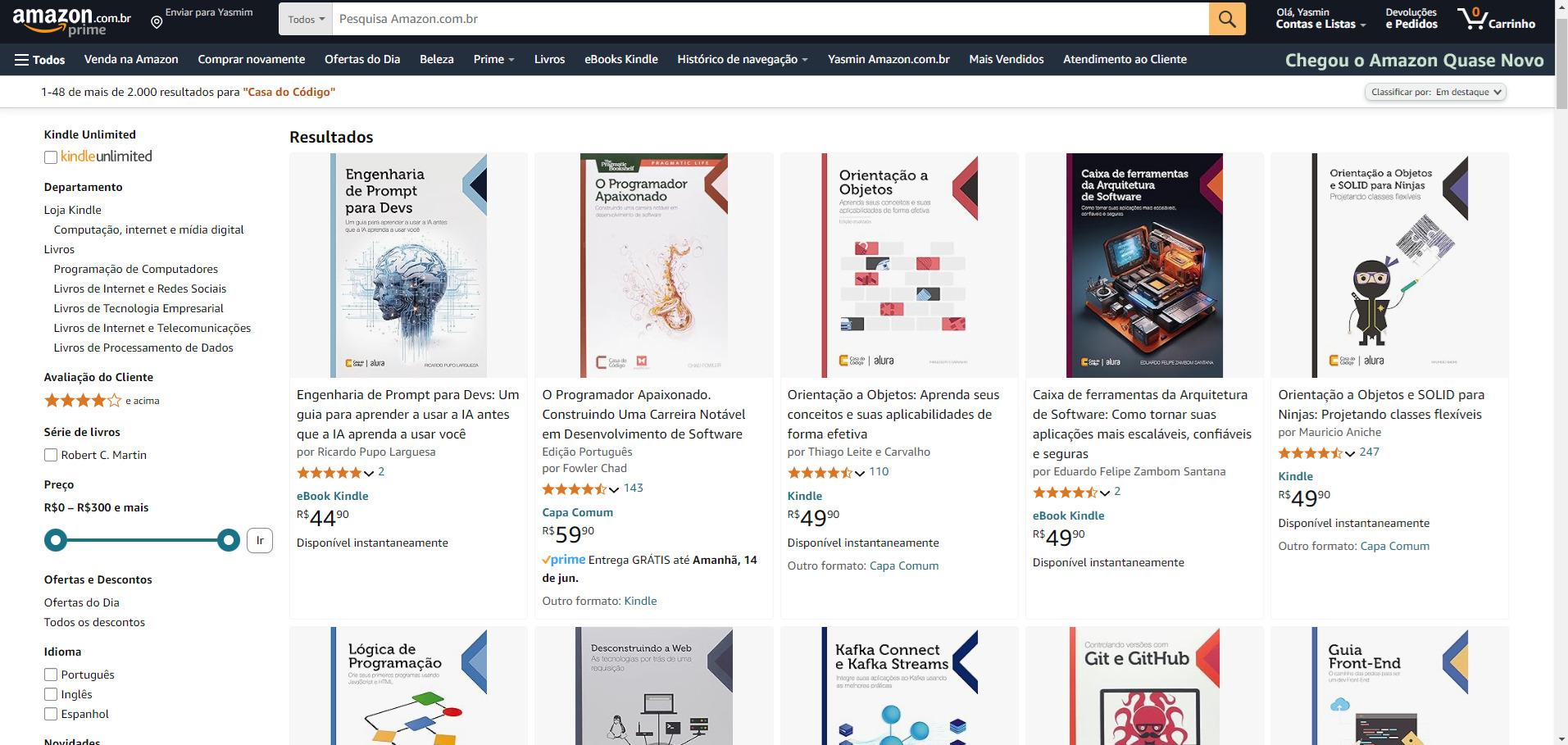 Site da Amazon mostrando preços e disponibilidade de livros da editora Casa do Código.