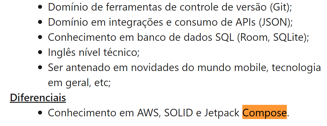 Fundo branco com textos que descrevem os requisitos de uma vaga de emprego, na categoria "Diferenciais" pode ser lido a palavra “Compose” com fundo em cor laranja.