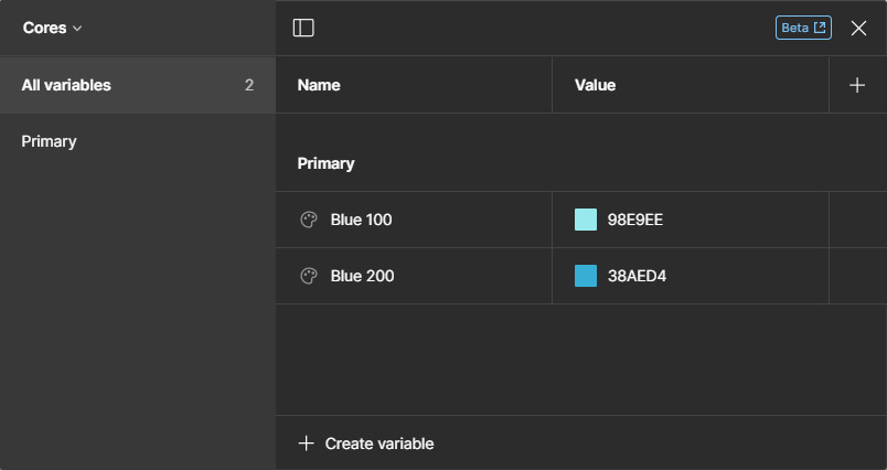 Janela de variáveis com a coleção “Cores” selecionada. No painel da esquerda, mostra apenas um grupo chamado “Primary”, e ao lado mostram duas variáveis dentro deste grupo, chamadas respectivamente de “Blue 100” e “Blue 200”.