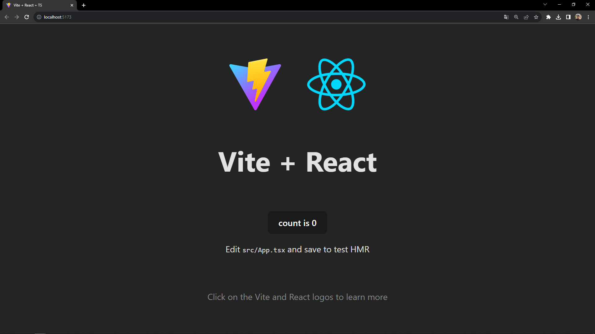 Captura de tela da tela inicial de uma aplicação React executada no navegador Chrome. Destacam-se dois logotipos: à esquerda, o logotipo do Vite (triângulo azul e rosa com um raio amarelo), e à direita, o logotipo animado do React (ícone de átomos azuis). Abaixo dos logotipos, há o título 'Vite + React', um botão de contador e instruções para editar o arquivo App.tsx e acessar a documentação das tecnologias.