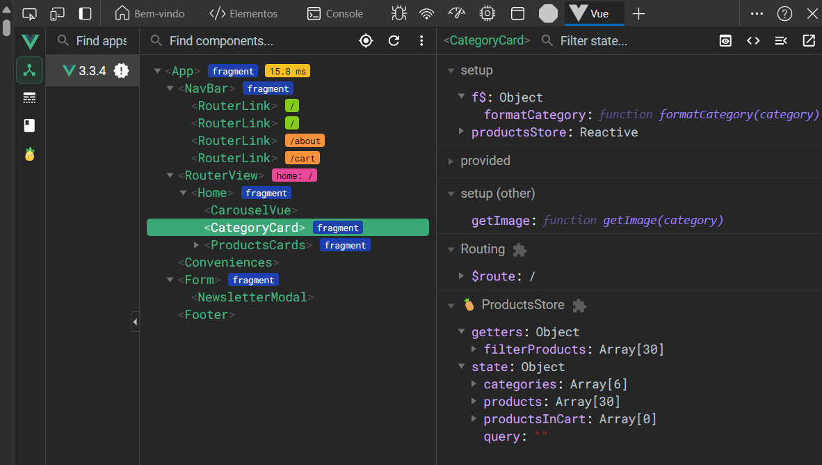 Vue Devtools na aba de Componentes mostrando propriedades, funções e estados do componente CategoryCard selecionado.