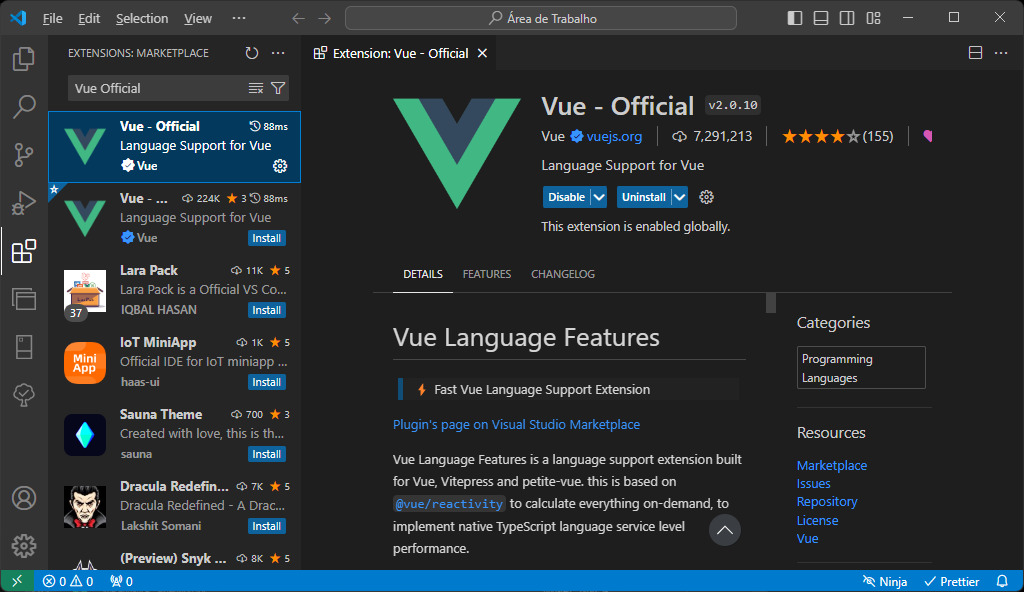 Extensão Vue - Official, pacote de suporte de linguagem Vue.