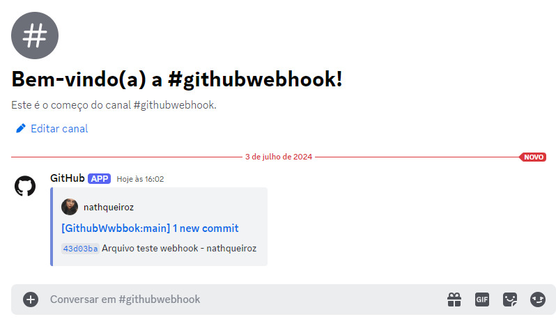 Captura de tela mostrando um canal de boas-vindas no Discord com uma mensagem de notificação recebida do github