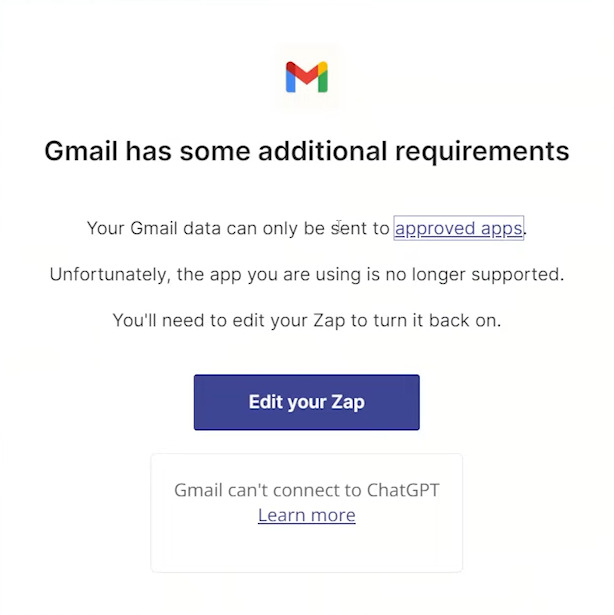 Mensagem de aviso do Zapier sobre a incompatibilidade do app à contas pessoais do Gmail.