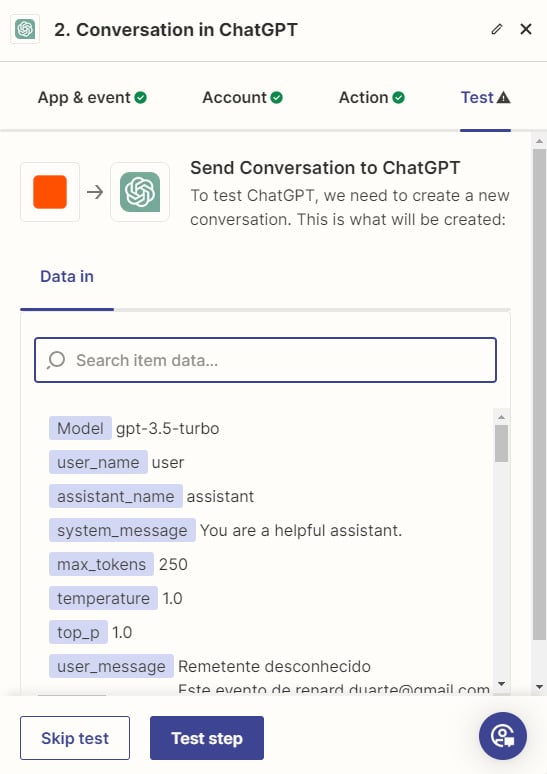 Exemplo de mensagem de teste executada pelo ChatGPT dentro do ambiente do Zapier.