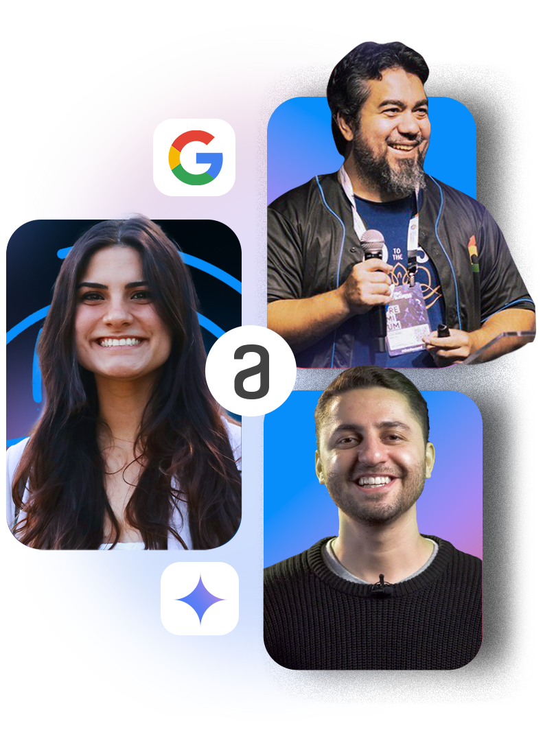 Imagem dos instrutores da Imersão Dev com o Gemini da Alura com o Google, apresentando, da esquerda para a direita, de cima para baixo Luciano Martins, Rafaella Ballerini e Guilherme Lima. Eles estão em frente a um fundo roxo com elementos gráficos do Google e da Alura, cada um vestindo camisas casuais e sorrindo para a câmera.