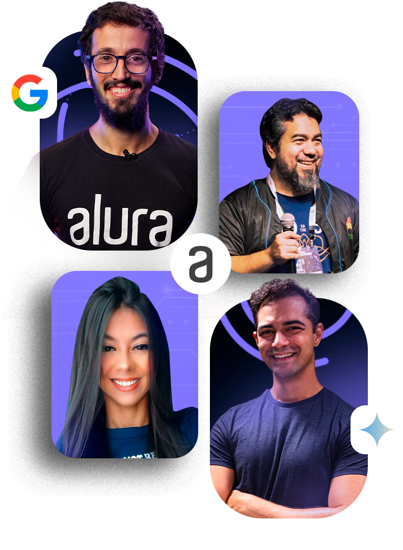 Imagem dos instrutores da Imersão IA da Alura com o Google, apresentando, da esquerda para a direita, de cima para baixo Paulo Silveira, Luciano Martins, Ana Raquel Cunha e Fabrício Carraro. Eles estão em frente a um fundo roxo com elementos gráficos do Google e da Alura, cada um vestindo camisas casuais e sorrindo para a câmera.