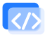 A imagem contém dois blocos de código sobrepostos, um azul sólido e outro azul claro, simbolizando programação, representando o ícone de conteúdo direto ao ponto